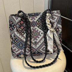 Plaid Embossed Canvas Tote Bag Scarf Decor Shoulder Bag Women's Large Capacity