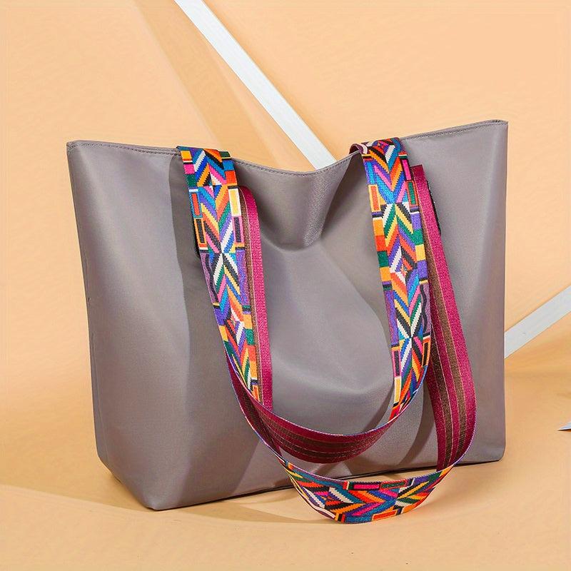 Minimalist Tote Shoulder Bag with Geometric Pattern Straps