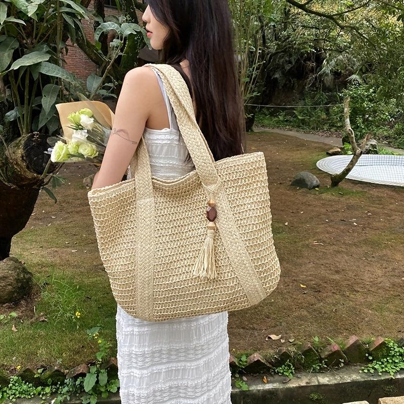 Tassel Decor Straw Beach Bag Woven Tote Bag Bohemian Shoulder Bag