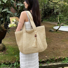 Tassel Decor Straw Beach Bag Woven Tote Bag Bohemian Shoulder Bag