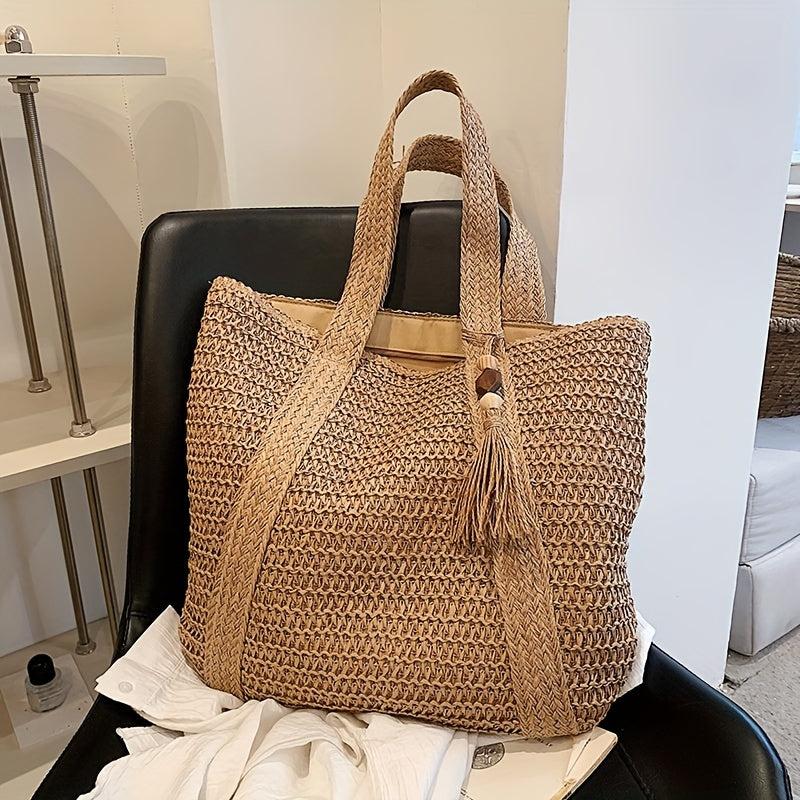Tassel Decor Straw Beach Bag Woven Tote Bag Bohemian Shoulder Bag