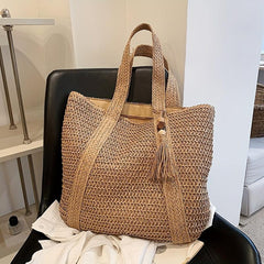 Tassel Decor Straw Beach Bag Woven Tote Bag Bohemian Shoulder Bag