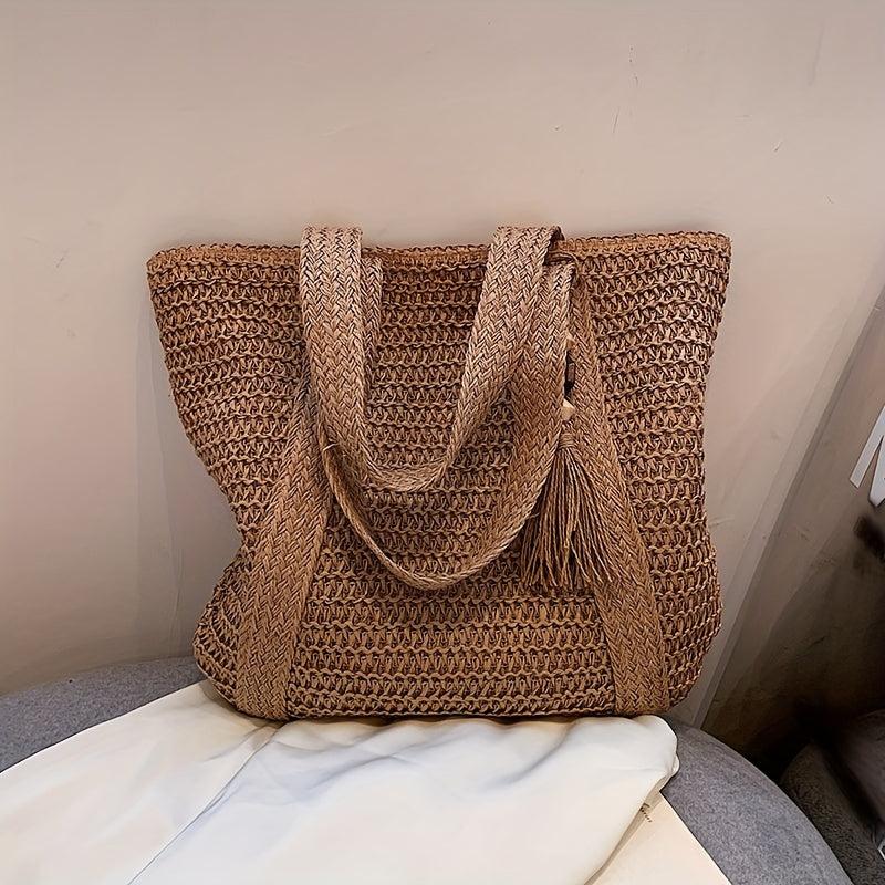 Tassel Decor Straw Beach Bag Woven Tote Bag Bohemian Shoulder Bag