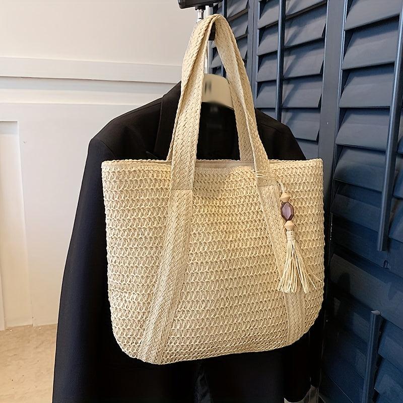 Tassel Decor Straw Beach Bag Woven Tote Bag Bohemian Shoulder Bag