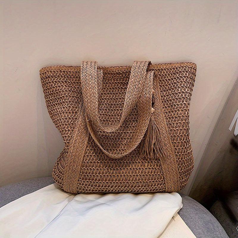 Tassel Decor Straw Beach Bag Woven Tote Bag Bohemian Shoulder Bag