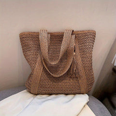 Tassel Decor Straw Beach Bag Woven Tote Bag Bohemian Shoulder Bag