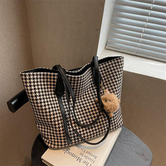 Houndstooth Pattern Tote Bag Stylish Shoulder Bag For Work & School