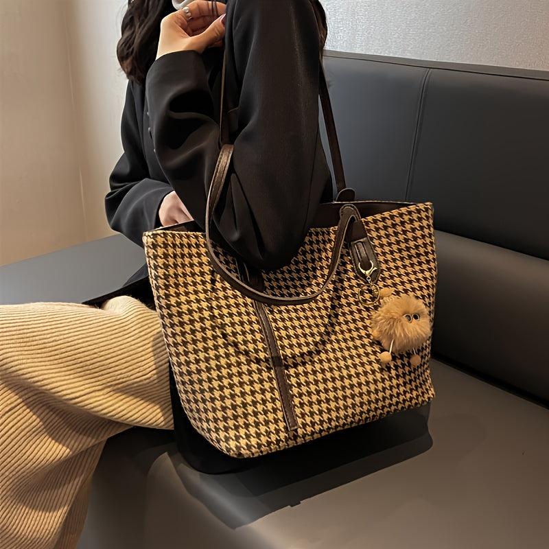 Houndstooth Pattern Tote Bag Stylish Shoulder Bag For Work & School