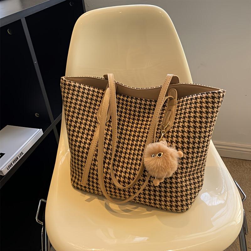 Houndstooth Pattern Tote Bag Stylish Shoulder Bag For Work & School