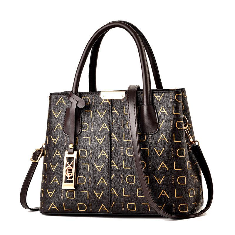 Letter Print Shoulder Bag Portable Handle Zipper Handbag PU Leather Tote