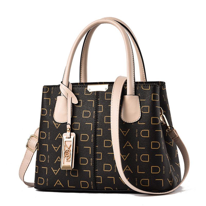 Letter Print Shoulder Bag Portable Handle Zipper Handbag PU Leather Tote