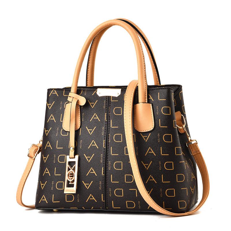 Letter Print Shoulder Bag Portable Handle Zipper Handbag PU Leather Tote