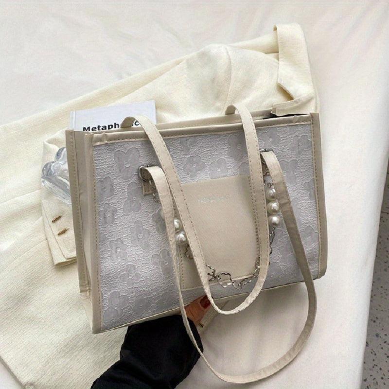 Floral Jacquard Tote Bag with Faux Pearl Chain Shoulder Strap