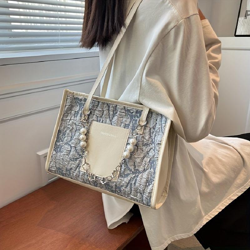 Floral Jacquard Tote Bag with Faux Pearl Chain Shoulder Strap