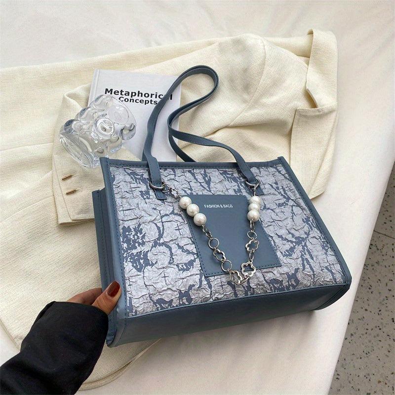 Floral Jacquard Tote Bag with Faux Pearl Chain Shoulder Strap