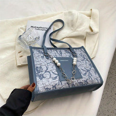Floral Jacquard Tote Bag with Faux Pearl Chain Shoulder Strap