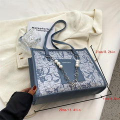 Floral Jacquard Tote Bag with Faux Pearl Chain Shoulder Strap