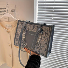Floral Jacquard Tote Bag with Faux Pearl Chain Shoulder Strap