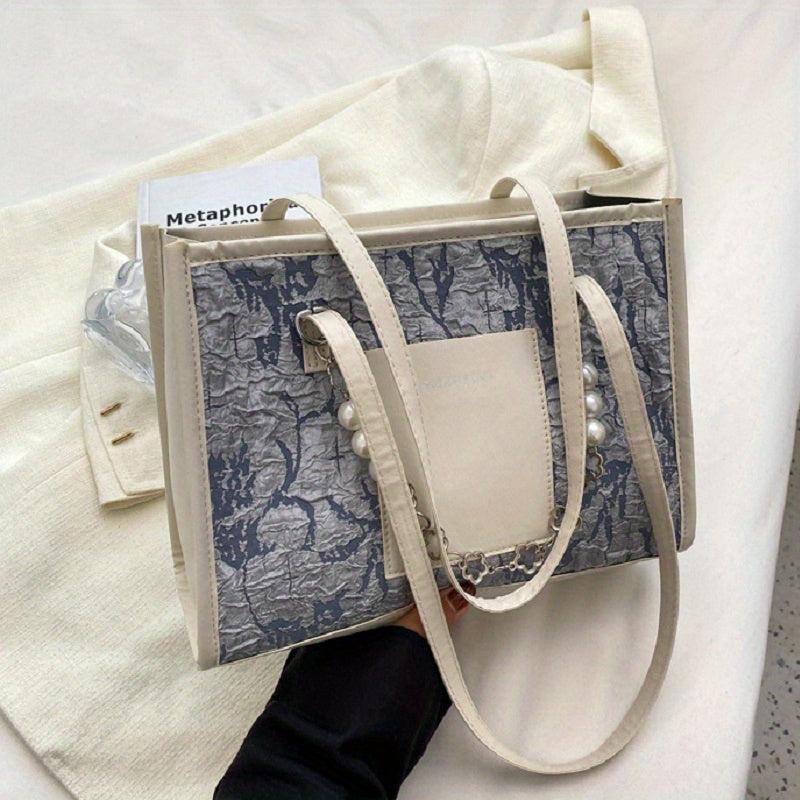 Floral Jacquard Tote Bag with Faux Pearl Chain Shoulder Strap
