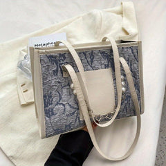 Floral Jacquard Tote Bag with Faux Pearl Chain Shoulder Strap