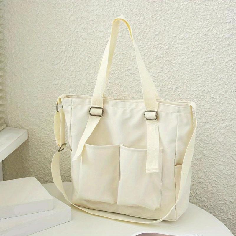 Solid Canvas Tote Bag Student Shoulder Bag Crossbody Bag