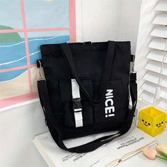 Canvas Zipper Shoulder Bag Adjustable Strap Casual Tote Bag