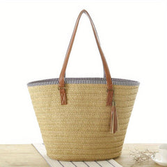 Straw Woven Tote Bag Tassel Decor Summer Beach Bag Boho Style Travel