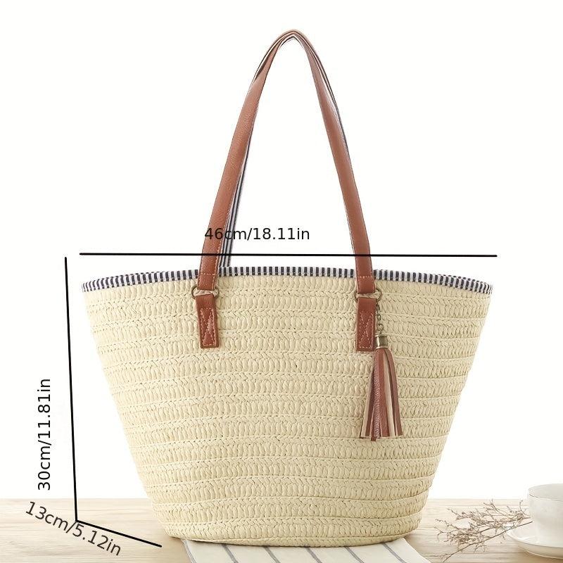 Straw Woven Tote Bag Tassel Decor Summer Beach Bag Boho Style Travel