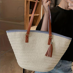 Straw Woven Tote Bag Tassel Decor Summer Beach Bag Boho Style Travel