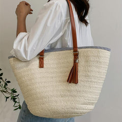 Straw Woven Tote Bag Tassel Decor Summer Beach Bag Boho Style Travel