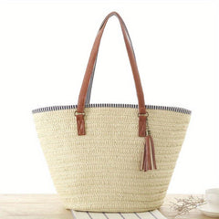 Straw Woven Tote Bag Tassel Decor Summer Beach Bag Boho Style Travel