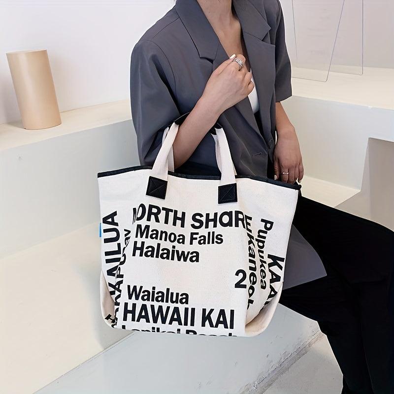 Letter Print Canvas Tote Bag Large Capacity Handbag