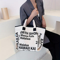 Letter Print Canvas Tote Bag Large Capacity Handbag