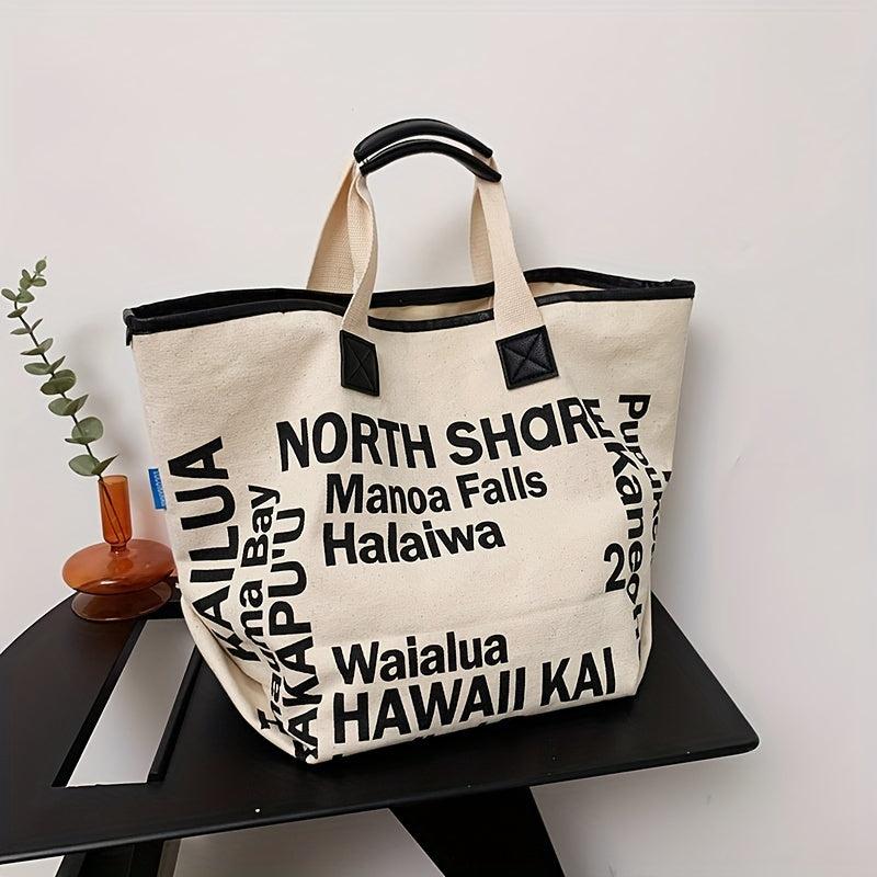 Letter Print Canvas Tote Bag Large Capacity Handbag