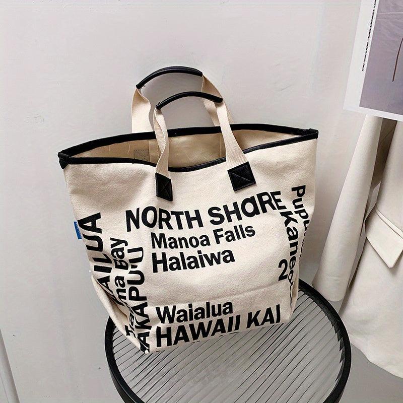 Letter Print Canvas Tote Bag Large Capacity Handbag