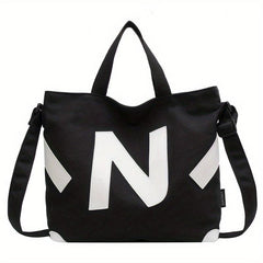 Letter Patch Decor Canvas Tote Bag Crossbody Casual Shoulder Bag