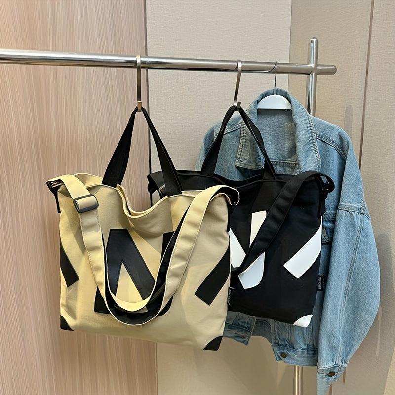 Letter Patch Decor Canvas Tote Bag Crossbody Casual Shoulder Bag