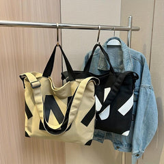 Letter Patch Decor Canvas Tote Bag Crossbody Casual Shoulder Bag