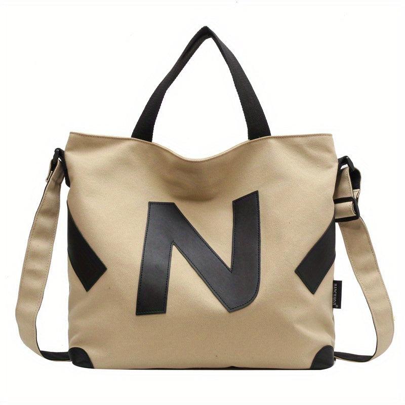 Letter Patch Decor Canvas Tote Bag Crossbody Casual Shoulder Bag