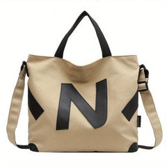 Letter Patch Decor Canvas Tote Bag Crossbody Casual Shoulder Bag