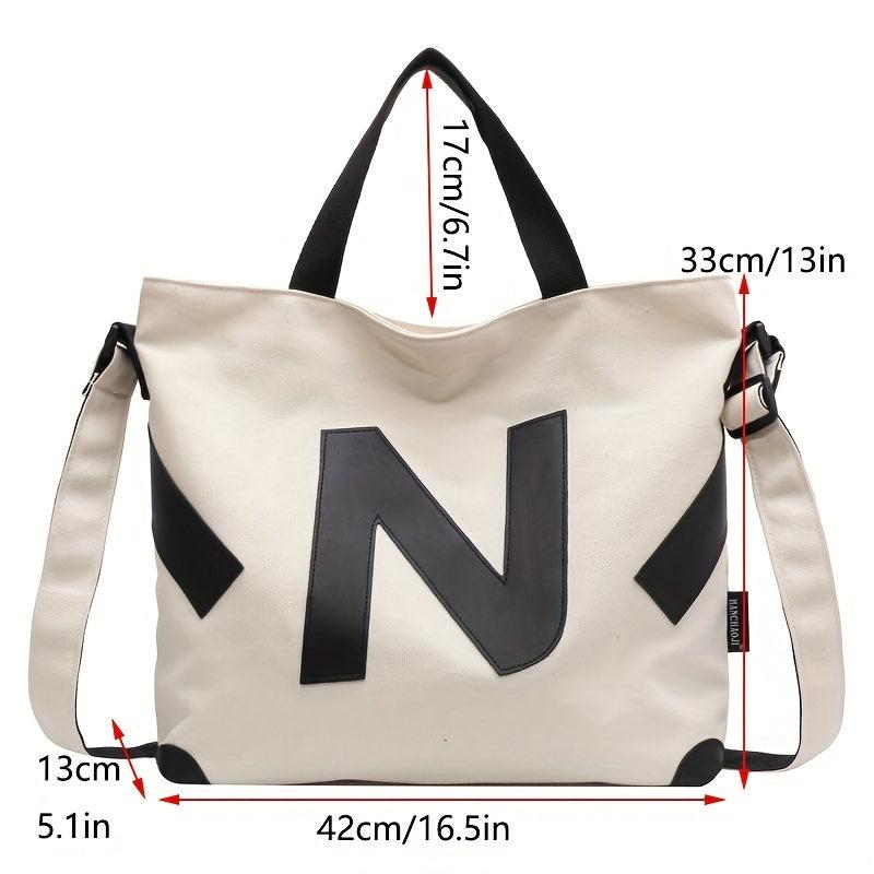 Letter Patch Decor Canvas Tote Bag Crossbody Casual Shoulder Bag