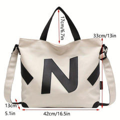 Letter Patch Decor Canvas Tote Bag Crossbody Casual Shoulder Bag