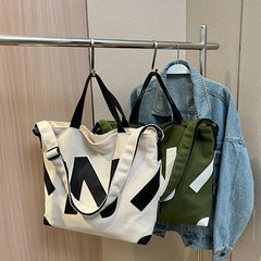 Letter Patch Decor Canvas Tote Bag Crossbody Casual Shoulder Bag