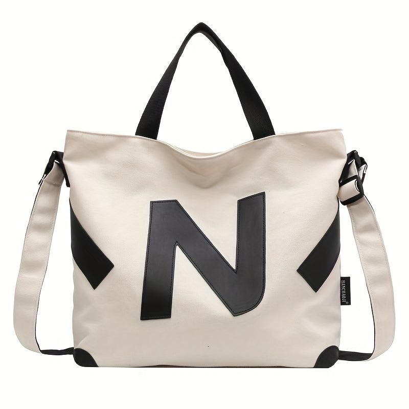 Letter Patch Decor Canvas Tote Bag Crossbody Casual Shoulder Bag