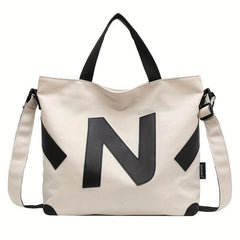 Letter Patch Decor Canvas Tote Bag Crossbody Casual Shoulder Bag