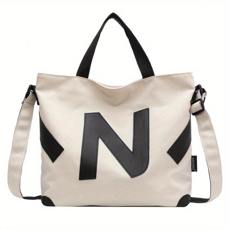 Letter Patch Decor Canvas Tote Bag Crossbody Casual Shoulder Bag