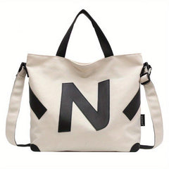 Letter Patch Decor Canvas Tote Bag Crossbody Casual Shoulder Bag