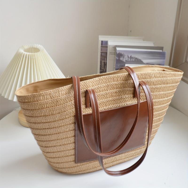 Large Capacity Straw Tote Bag Stitching Shoulder Bag Minimalist Storage Bag