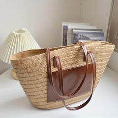 Large Capacity Straw Tote Bag Stitching Shoulder Bag Minimalist Storage Bag