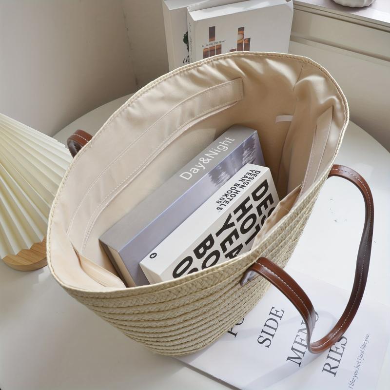 Large Capacity Straw Tote Bag Stitching Shoulder Bag Minimalist Storage Bag